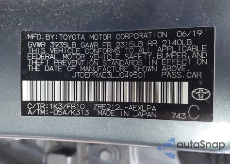 2020 Toyota Corolla Le из США, поврежденный, VIN JTDEPRAE3LJ049501